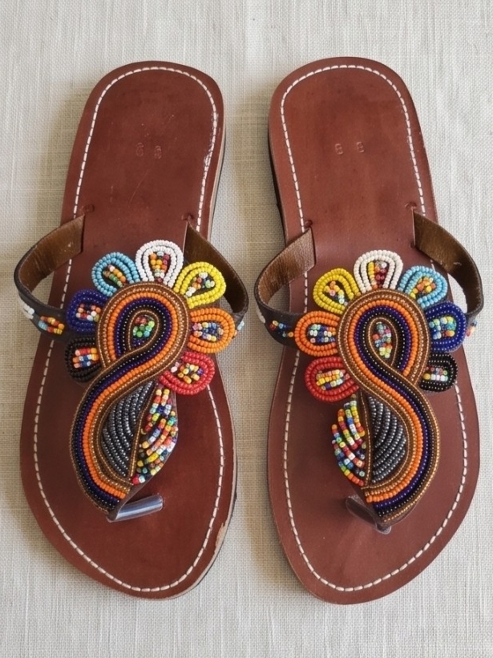 NWOT Handmade Beaded Brown Women’s Sandals - Multicolor Floral Accent